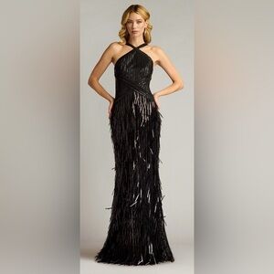 Tadashi Shoji Ares Sequin Fringe Halter Gown, Black Tiered Backless Maxi Dress